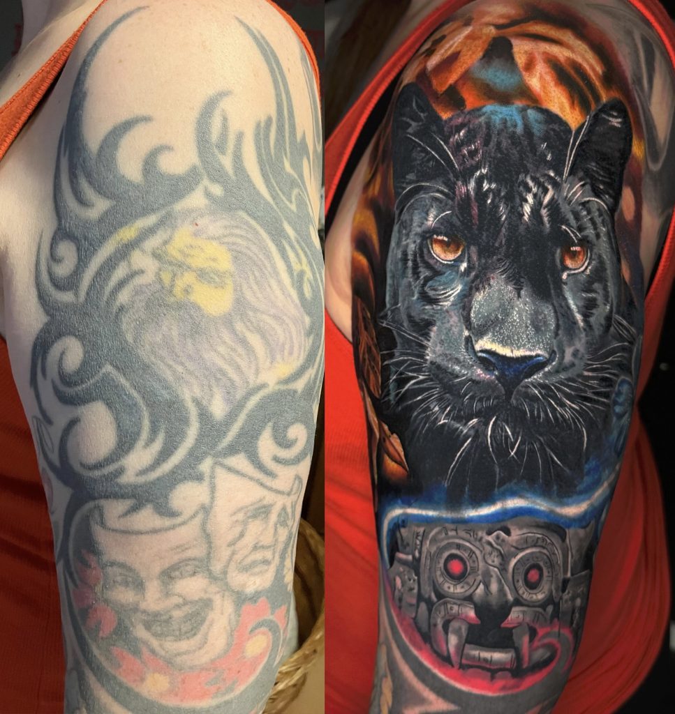 Vorher-Nachher-Vergleich eines Tribal-Tattoos und des darüber tätowierten schwarzen Panthers