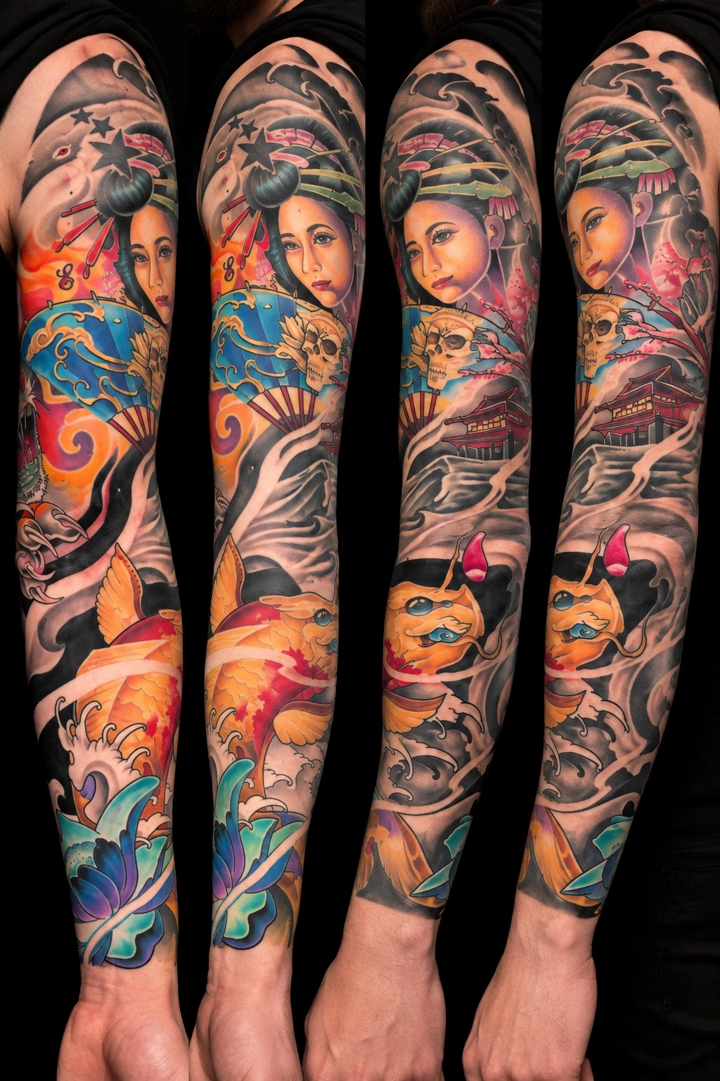Vier Ansichten eines farbigen Sleeves mit Frauenporträt, Fächer und japanisch inspirierten Motiven